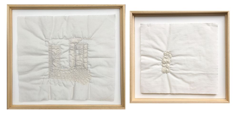 House Wife (Kelderkamer, PdH 1660), 2011.  40 x 38 cm & 30 x 27 cm (diptych), patted cotton, pattern paper, pencil and embroided