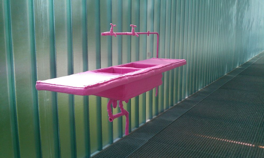 Kitchen, 2007 - 2012. knitted wool and construction, suspended. As presented at Kusthal Rotterdam