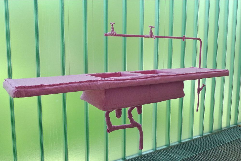 Kitchen, 2007 - 2012. knitted wool and construction, suspended. As presented at Kusthal Rotterdam